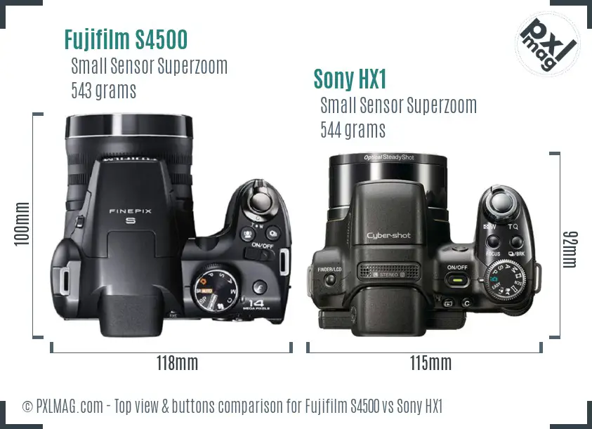 Fujifilm S4500 vs Sony HX1 top view buttons comparison