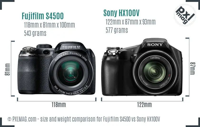 Fujifilm S4500 vs Sony HX100V size comparison