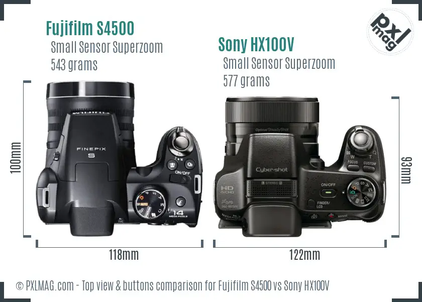 Fujifilm S4500 vs Sony HX100V top view buttons comparison