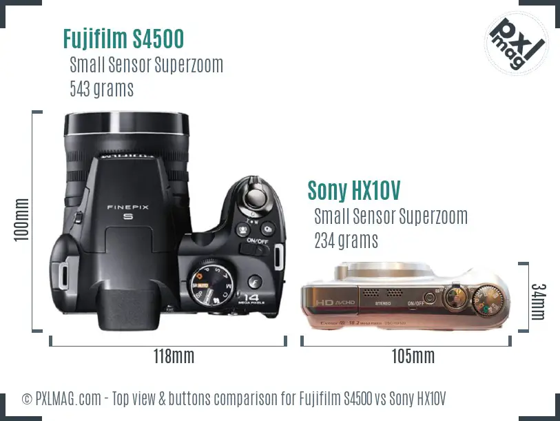 Fujifilm S4500 vs Sony HX10V top view buttons comparison Fujifilm S4500 vs Sony HX10V top view buttons comparison