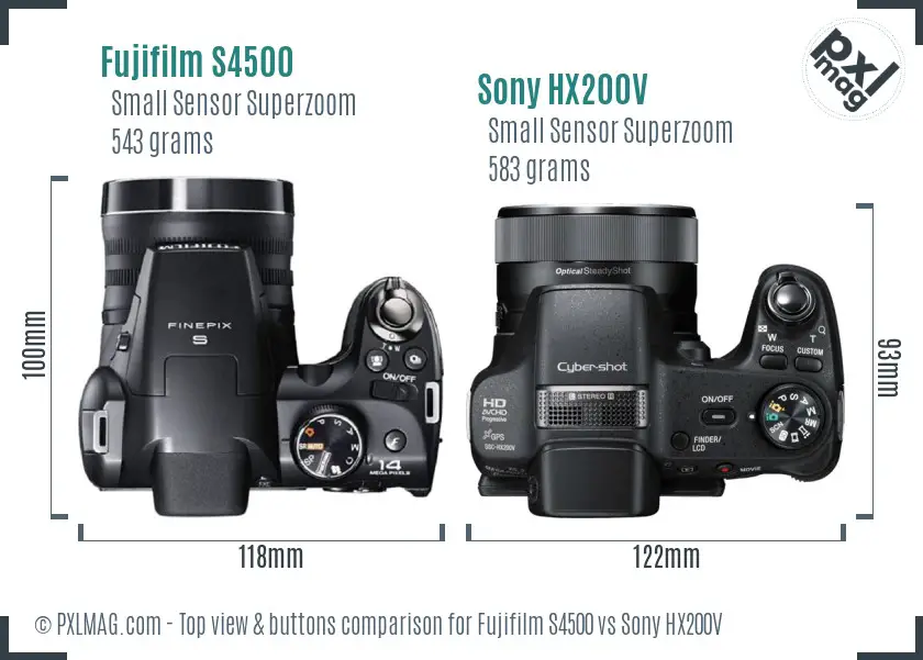 Fujifilm S4500 vs Sony HX200V top view buttons comparison