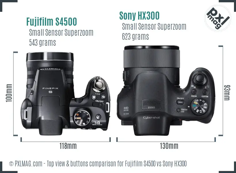 Fujifilm S4500 vs Sony HX300 top view buttons comparison