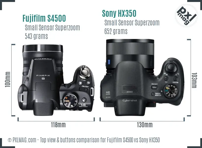 Fujifilm S4500 vs Sony HX350 top view buttons comparison Fujifilm S4500 vs Sony HX350 top view buttons comparison