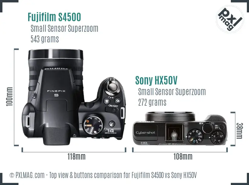 Fujifilm S4500 vs Sony HX50V top view buttons comparison Fujifilm S4500 vs Sony HX50V top view buttons comparison