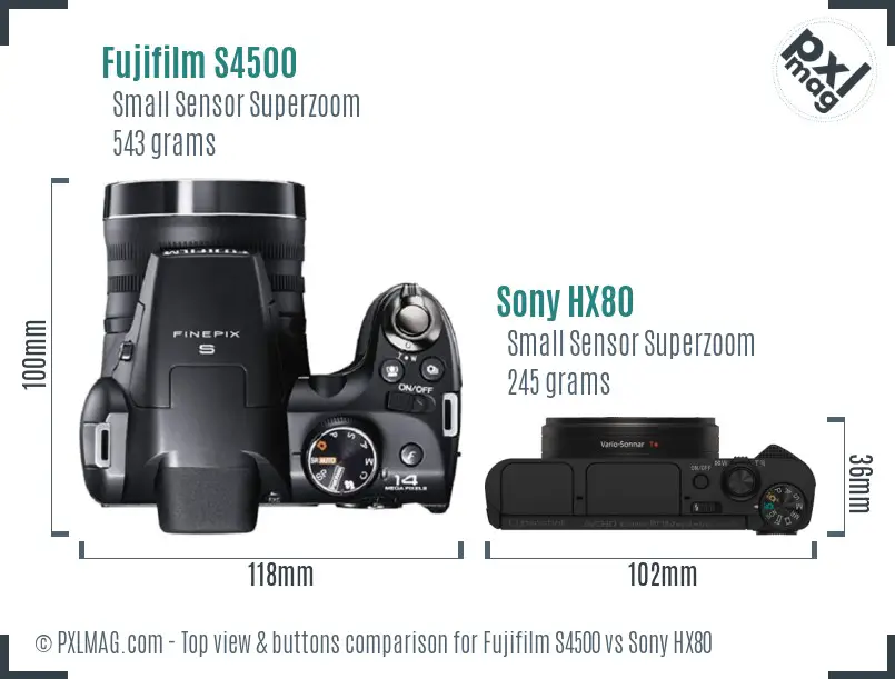 Fujifilm S4500 vs Sony HX80 top view buttons comparison Fujifilm S4500 vs Sony HX80 top view buttons comparison