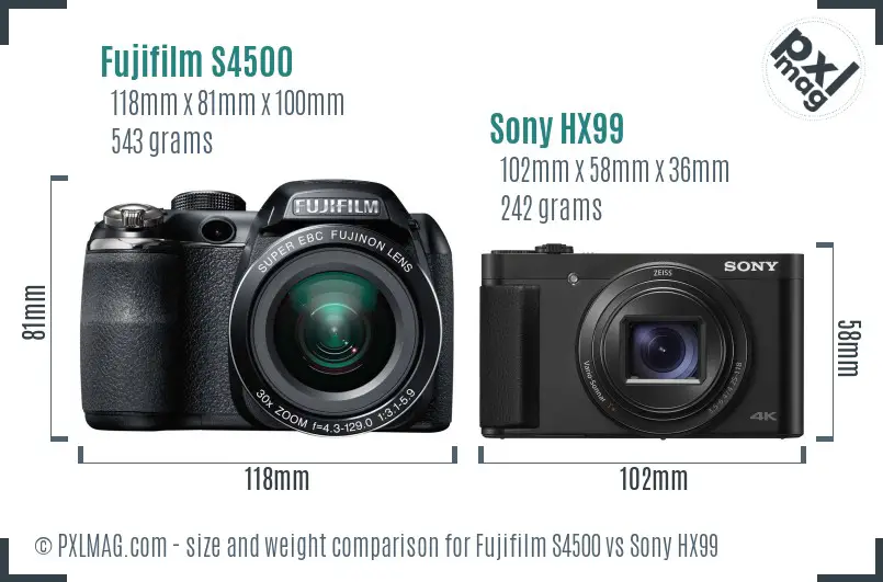 Fujifilm S4500 vs Sony HX99 size comparison