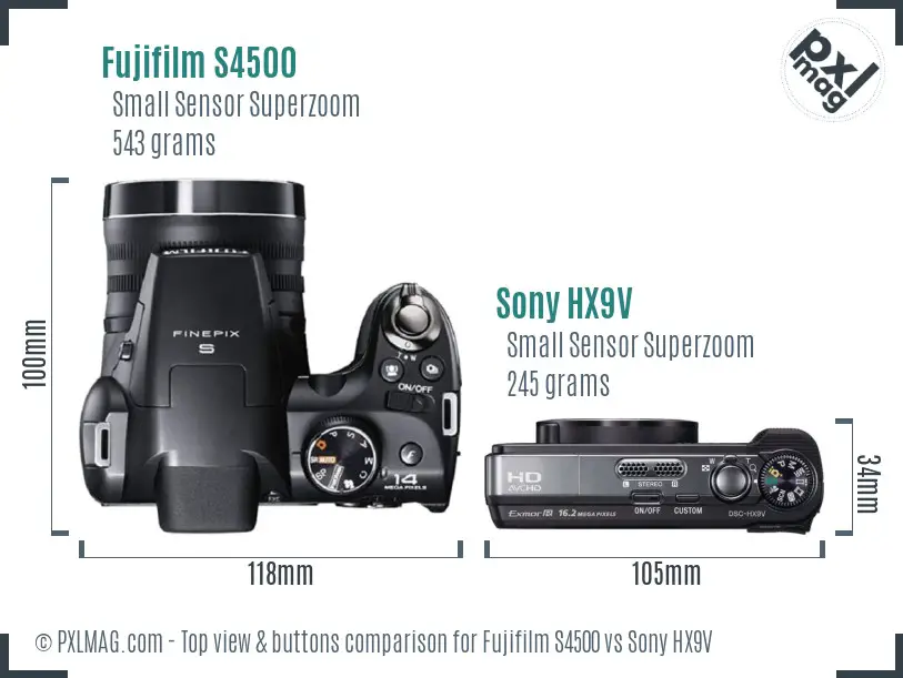 Fujifilm S4500 vs Sony HX9V top view buttons comparison