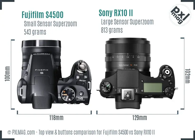 Fujifilm S4500 vs Sony RX10 II top view buttons comparison