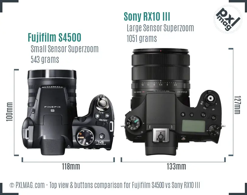 Fujifilm S4500 vs Sony RX10 III top view buttons comparison