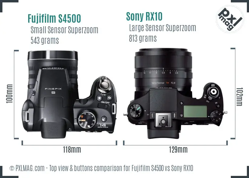 Fujifilm S4500 vs Sony RX10 top view buttons comparison