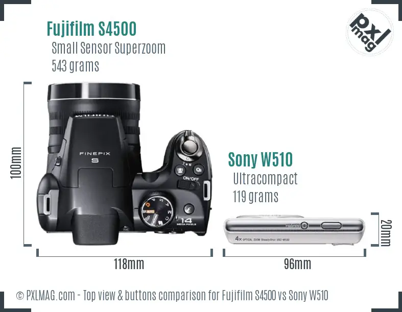 Fujifilm S4500 vs Sony W510 top view buttons comparison