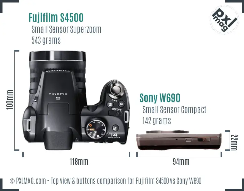 Fujifilm S4500 vs Sony W690 top view buttons comparison
