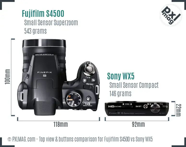 Fujifilm S4500 vs Sony WX5 top view buttons comparison