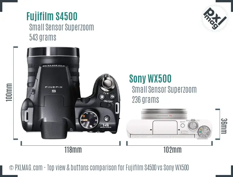 Fujifilm S4500 vs Sony WX500 top view buttons comparison Fujifilm S4500 vs Sony WX500 top view buttons comparison