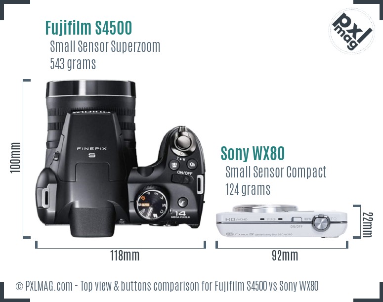 Fujifilm S4500 vs Sony WX80 top view buttons comparison