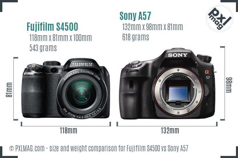 Fujifilm S4500 vs Sony A57 size comparison
