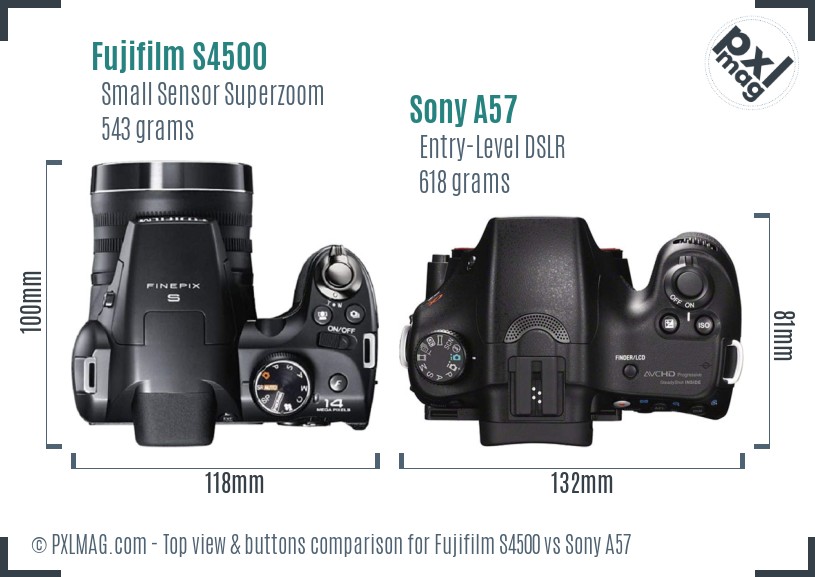 Fujifilm S4500 vs Sony A57 top view buttons comparison