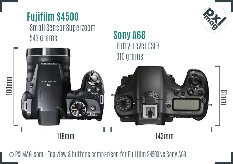 Fujifilm S4500 vs Sony A68 top view buttons comparison