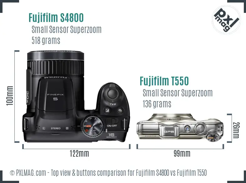 Fujifilm S4800 vs Fujifilm T550 top view buttons comparison
