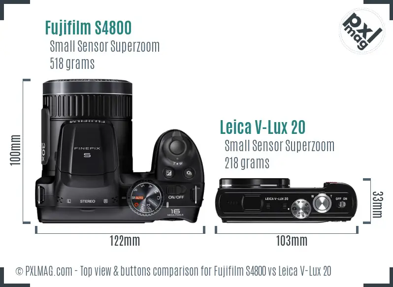 Fujifilm S4800 vs Leica V-Lux 20 top view buttons comparison Fujifilm S4800 vs Leica V-Lux 20 top view buttons comparison