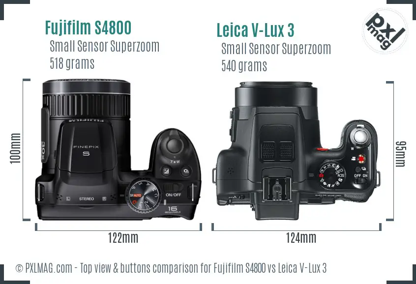 Fujifilm S4800 vs Leica V-Lux 3 top view buttons comparison Fujifilm S4800 vs Leica V-Lux 3 top view buttons comparison