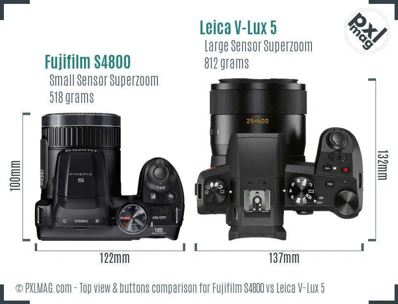Fujifilm S4800 vs Leica V-Lux 5 top view buttons comparison