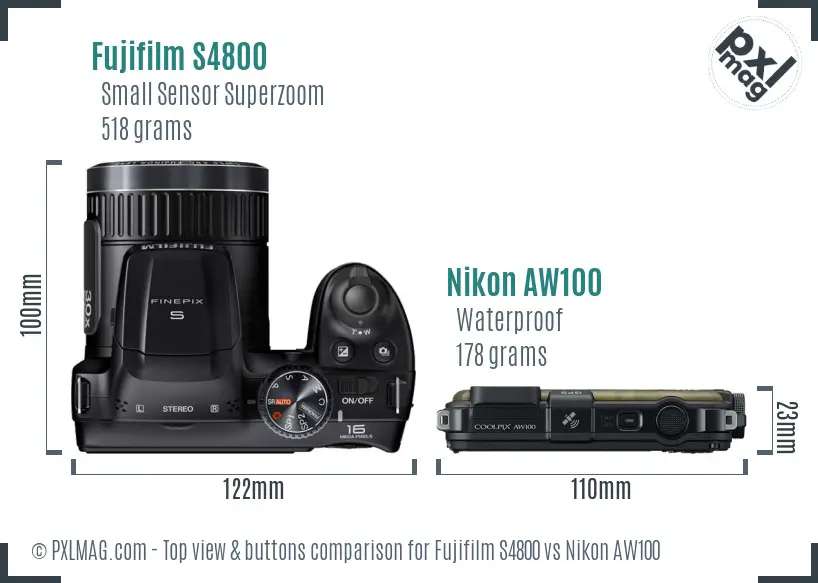 Fujifilm S4800 vs Nikon AW100 top view buttons comparison