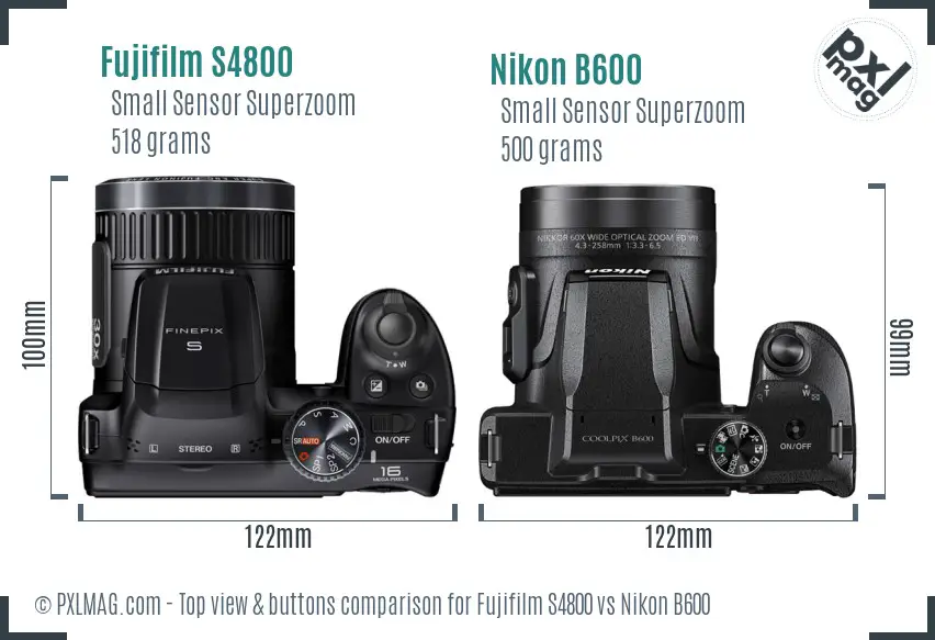 Fujifilm S4800 vs Nikon B600 top view buttons comparison Fujifilm S4800 vs Nikon B600 top view buttons comparison