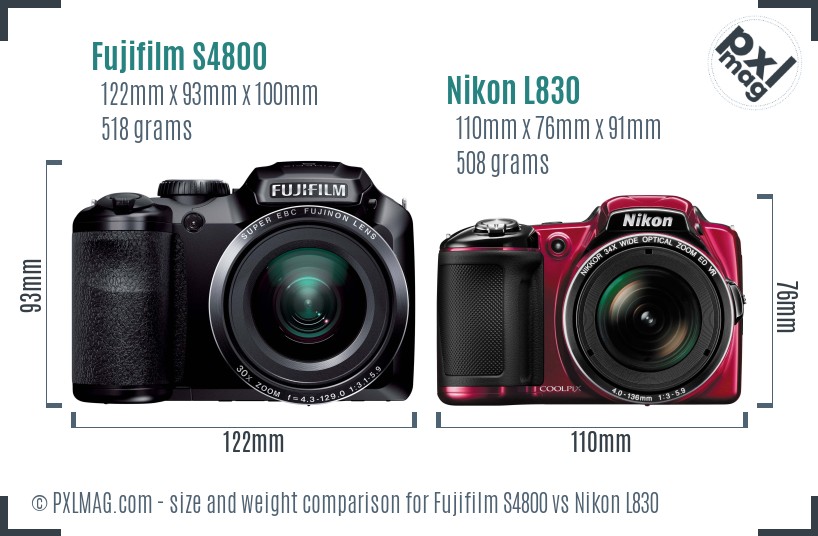 Fujifilm S4800 vs Nikon L830 size comparison
