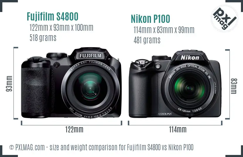 Fujifilm S4800 vs Nikon P100 size comparison