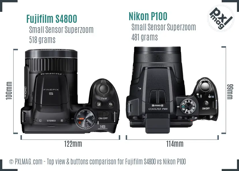 Fujifilm S4800 vs Nikon P100 top view buttons comparison