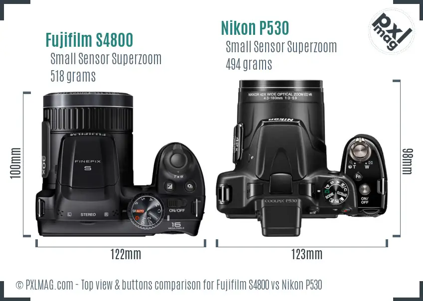 Fujifilm S4800 vs Nikon P530 top view buttons comparison