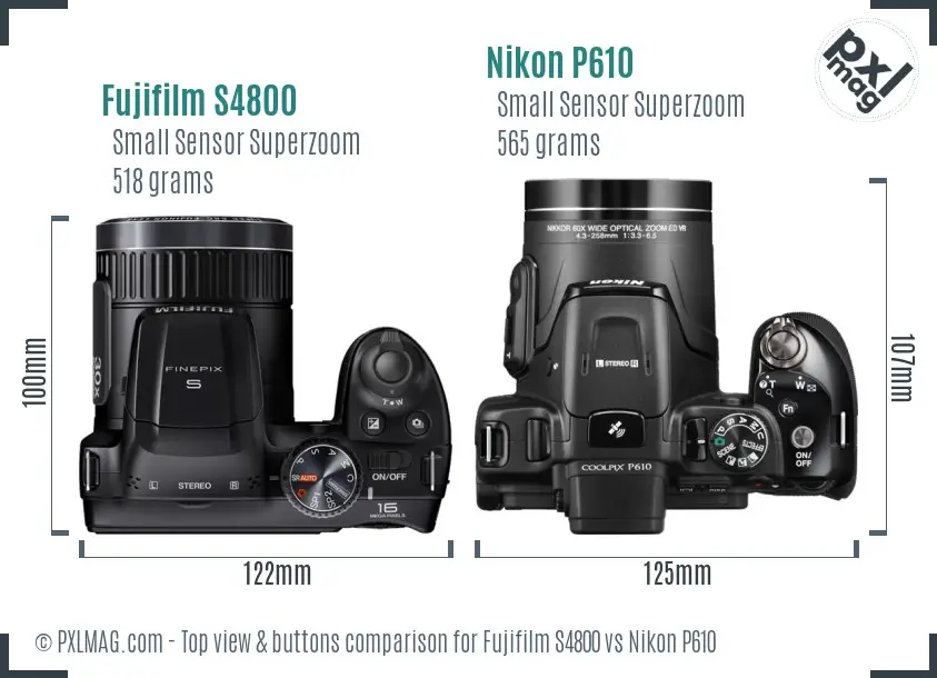 Fujifilm S4800 vs Nikon P610 top view buttons comparison