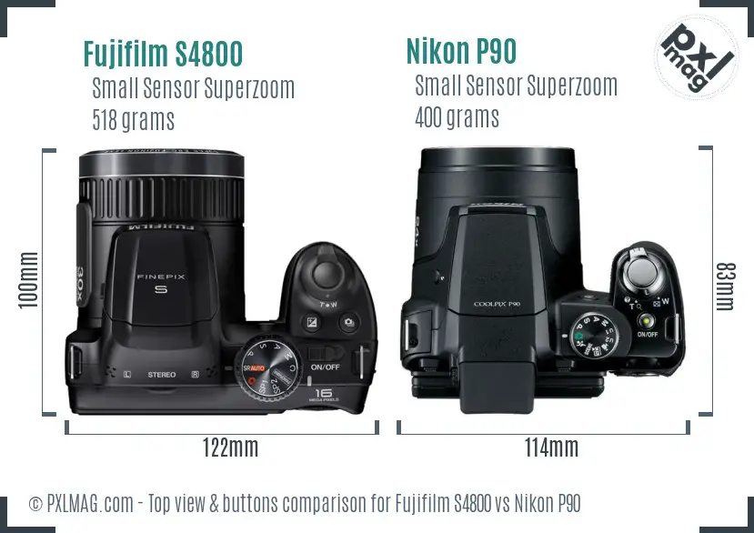 Fujifilm S4800 vs Nikon P90 top view buttons comparison
