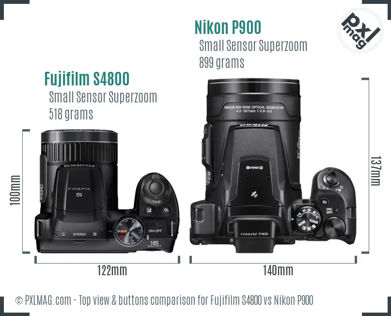 Fujifilm S4800 vs Nikon P900 top view buttons comparison