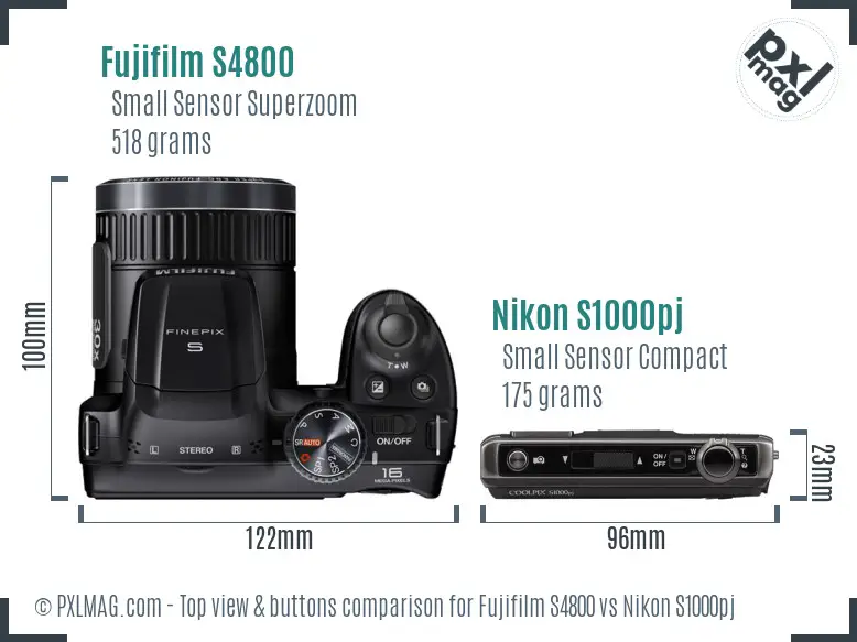 Fujifilm S4800 vs Nikon S1000pj top view buttons comparison
