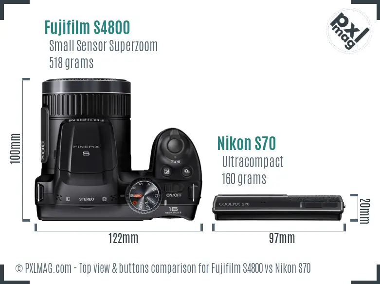 Fujifilm S4800 vs Nikon S70 top view buttons comparison