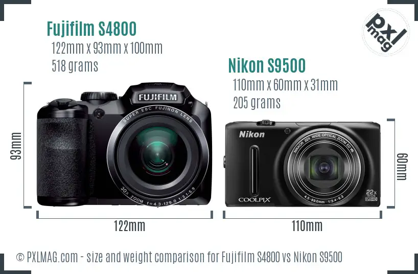 Fujifilm S4800 vs Nikon S9500 size comparison