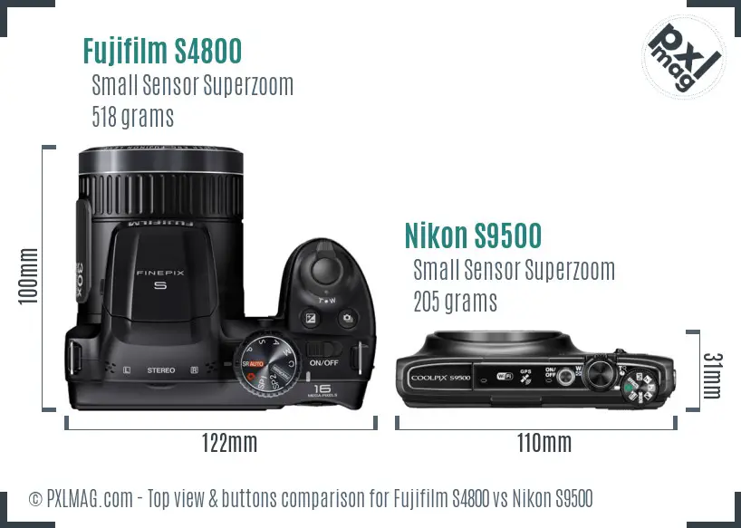 Fujifilm S4800 vs Nikon S9500 top view buttons comparison