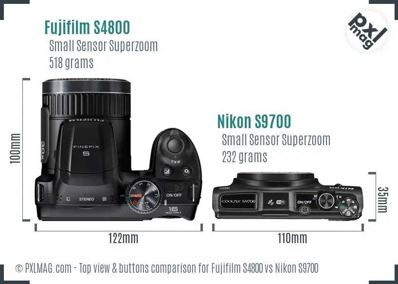 Fujifilm S4800 vs Nikon S9700 top view buttons comparison