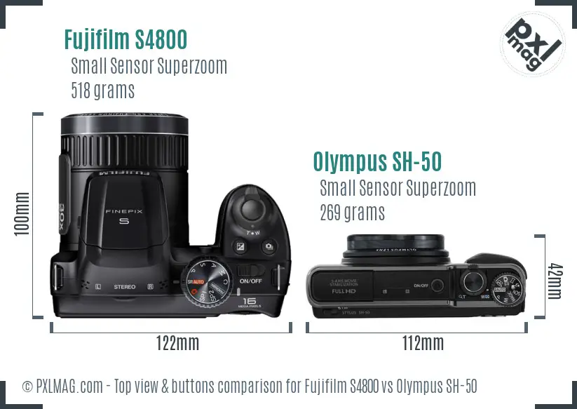 Fujifilm S4800 vs Olympus SH-50 top view buttons comparison Fujifilm S4800 vs Olympus SH-50 top view buttons comparison