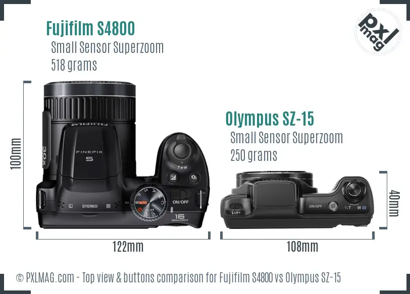 Fujifilm S4800 vs Olympus SZ-15 top view buttons comparison