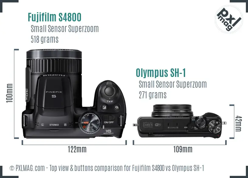 Fujifilm S4800 vs Olympus SH-1 top view buttons comparison Fujifilm S4800 vs Olympus SH-1 top view buttons comparison