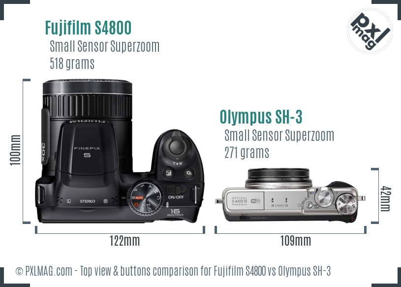 Fujifilm S4800 vs Olympus SH-3 top view buttons comparison