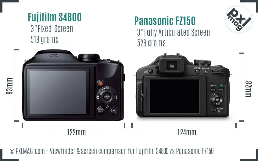 Fujifilm S4800 vs Panasonic FZ150 Screen and Viewfinder comparison