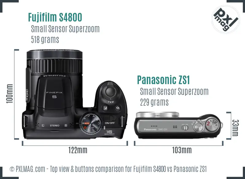 Fujifilm S4800 vs Panasonic ZS1 top view buttons comparison