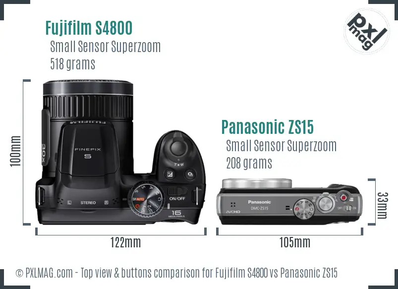 Fujifilm S4800 vs Panasonic ZS15 top view buttons comparison