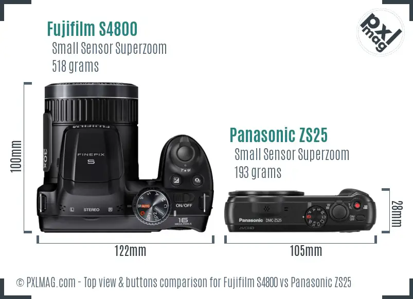 Fujifilm S4800 vs Panasonic ZS25 top view buttons comparison Fujifilm S4800 vs Panasonic ZS25 top view buttons comparison