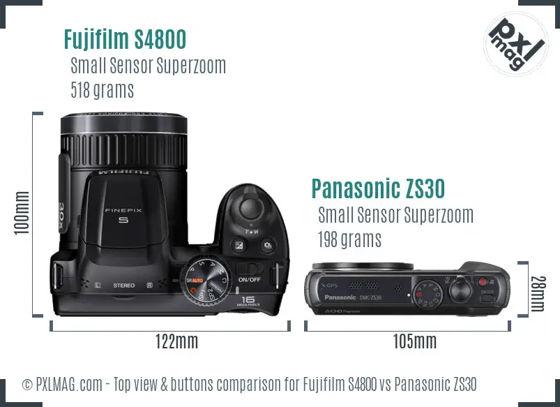 Fujifilm S4800 vs Panasonic ZS30 top view buttons comparison Fujifilm S4800 vs Panasonic ZS30 top view buttons comparison