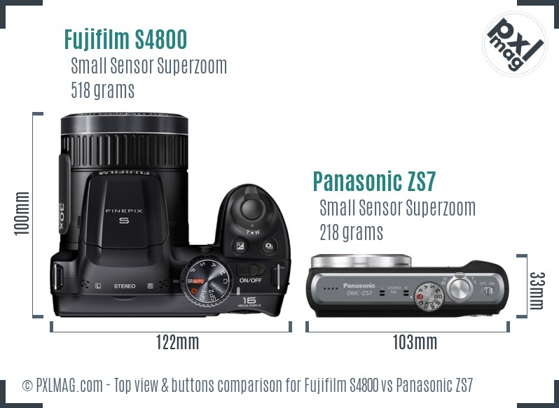 Fujifilm S4800 vs Panasonic ZS7 top view buttons comparison